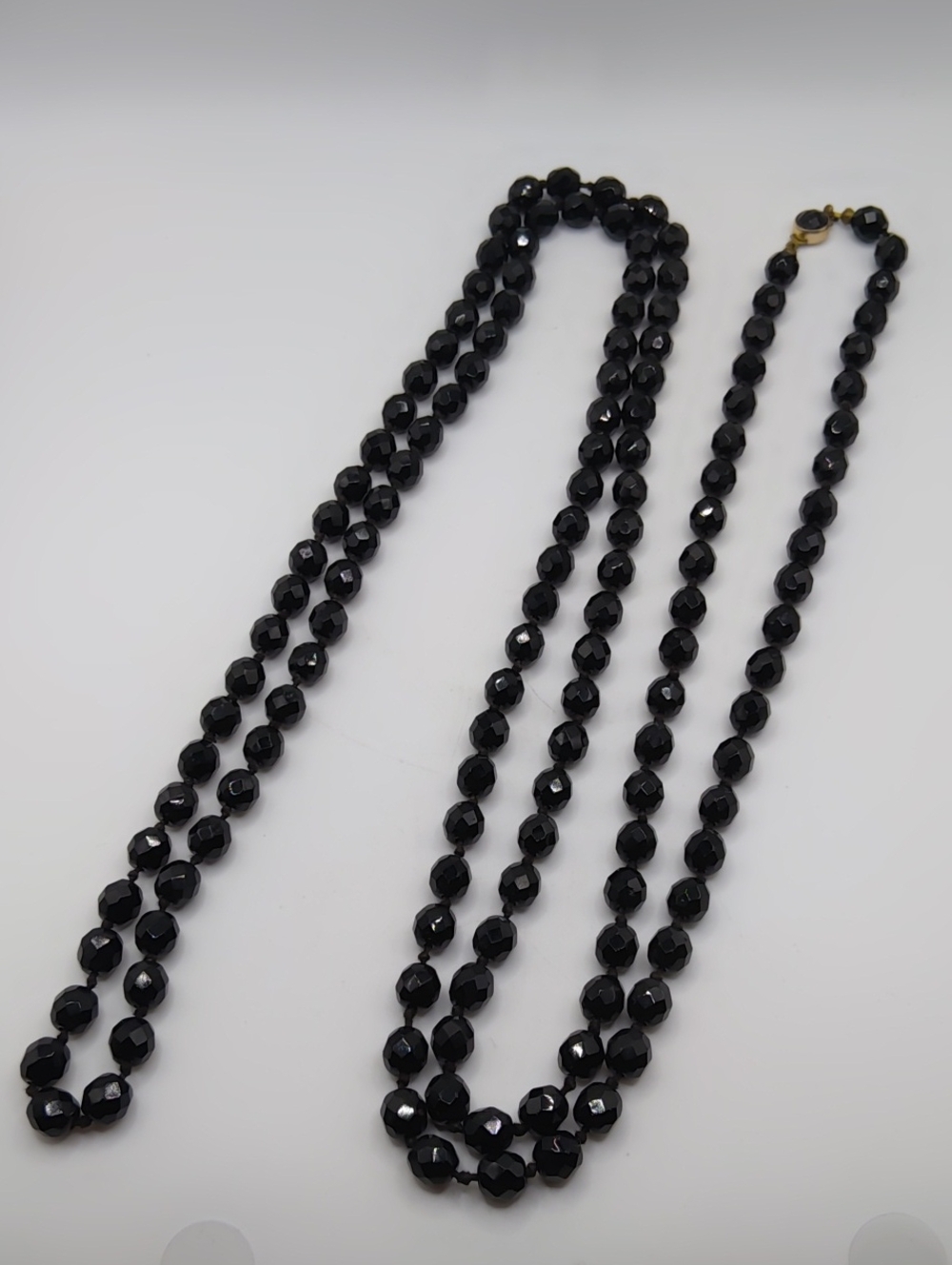 Austria 60inch Black Faceted Glass Necklace Handtied Vintage